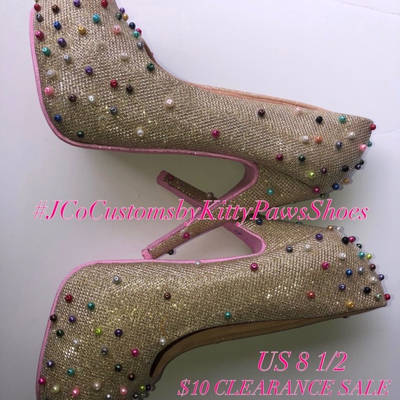 JCo.Customs by Kitty Paws Shoes Shoes - JCo.Customs Gold & Pink Beaded Round-Toed Pumps